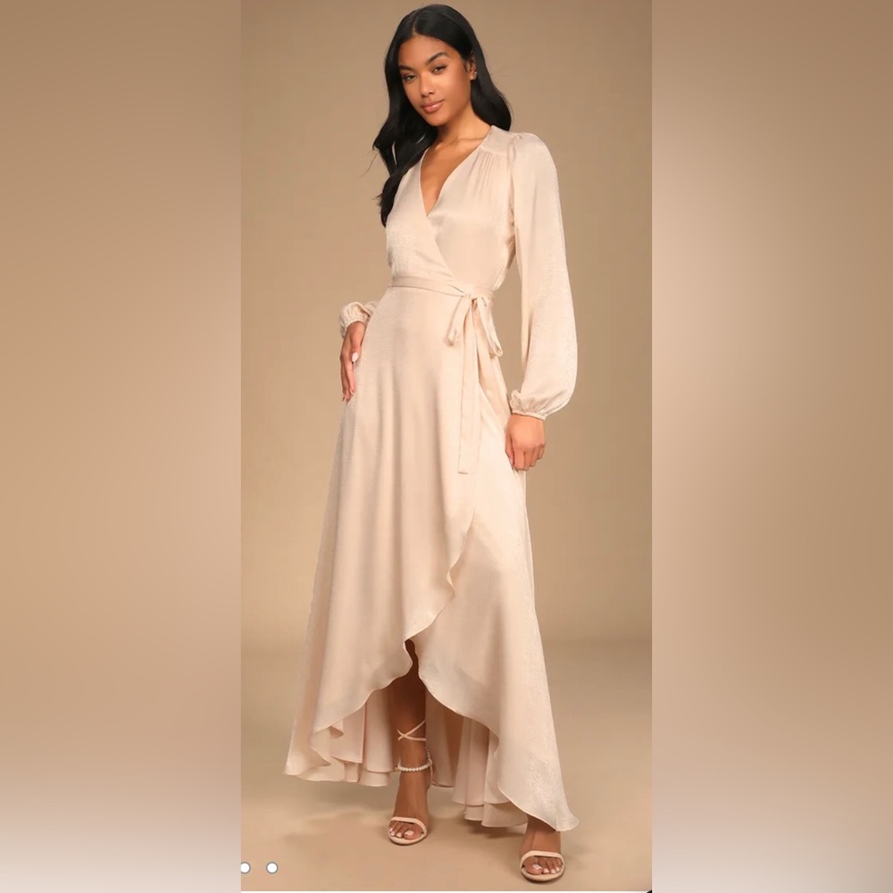 Lulus Endless Moments Light Peach Satin Long Sleeve Wrap Maxi Dress